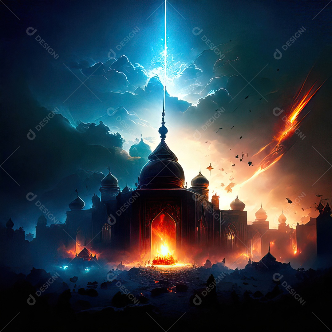 Bismillah illustração sobre mesquita ao fundo