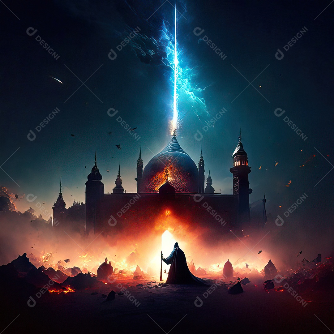 Bismillah illustração sobre mesquita ao fundo