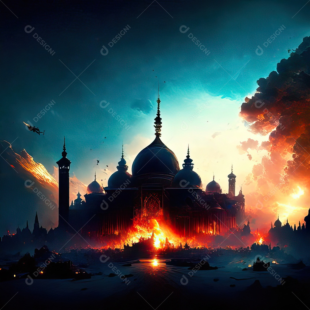 Bismillah illustração sobre mesquita ao fundo