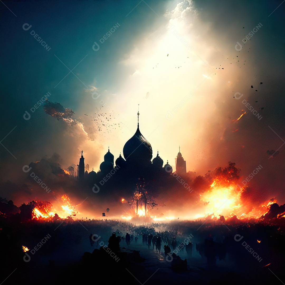 Bismillah illustração sobre mesquita ao fundo