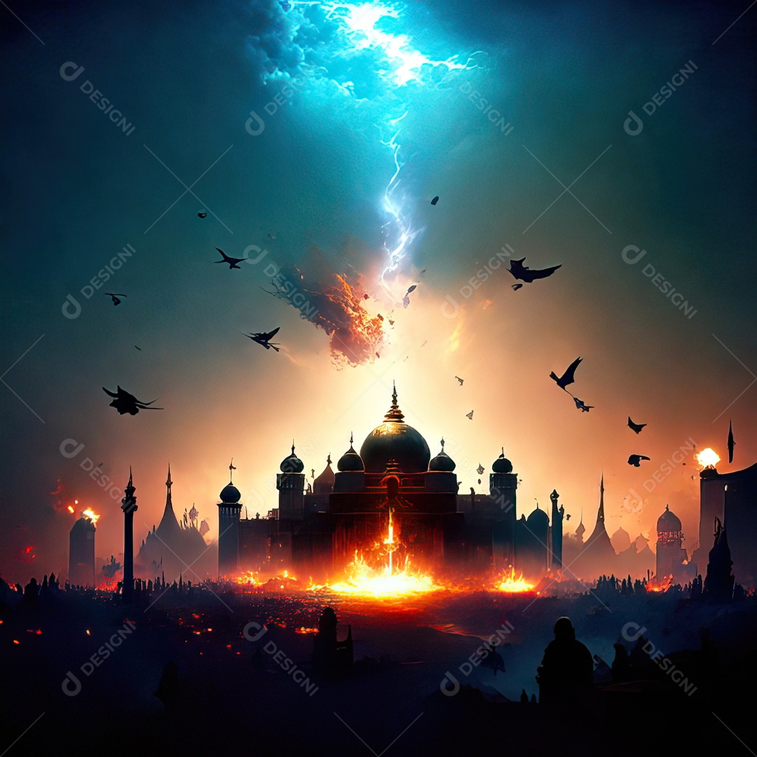 Bismillah illustração sobre mesquita ao fundo