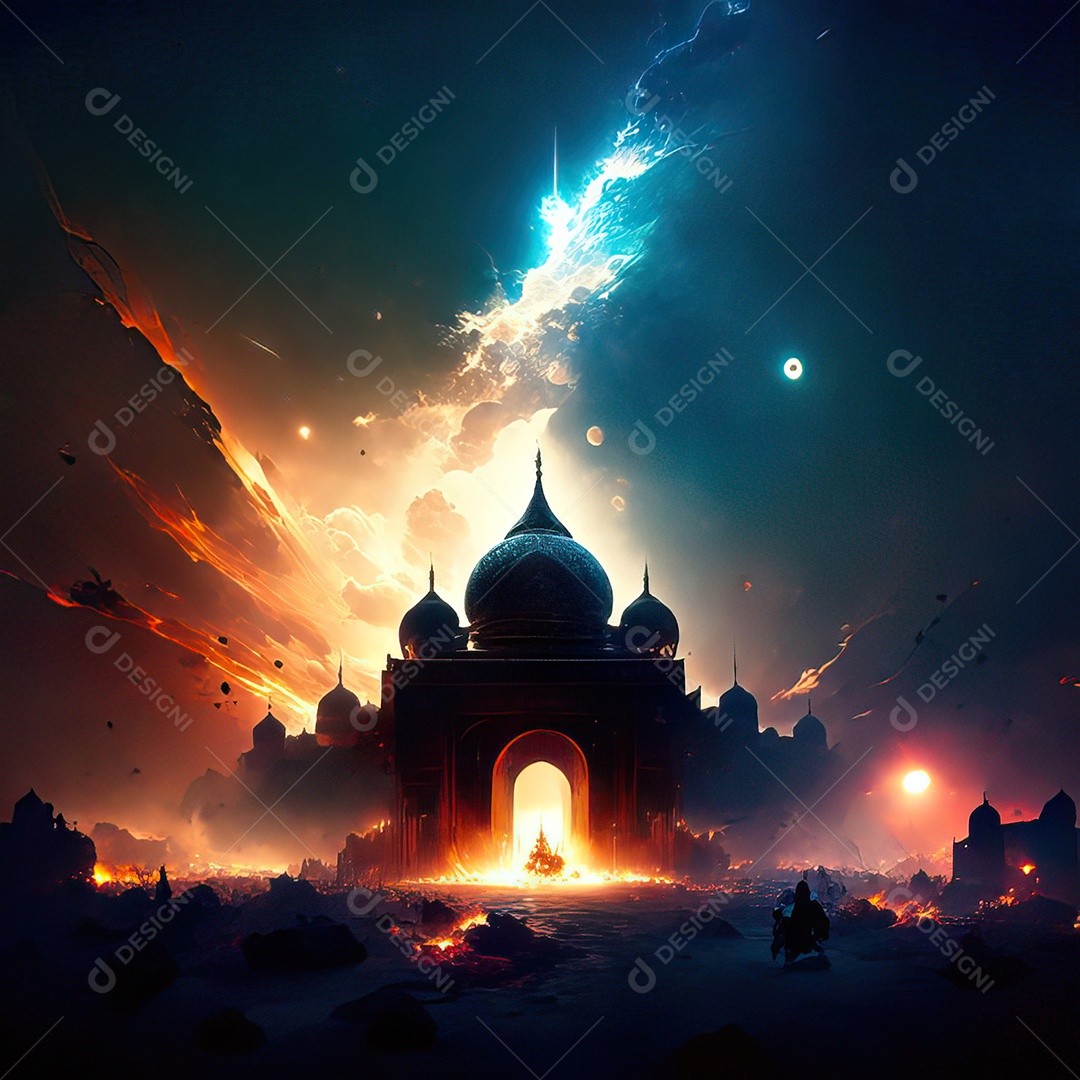 Bismillah illustração sobre mesquita ao fundo