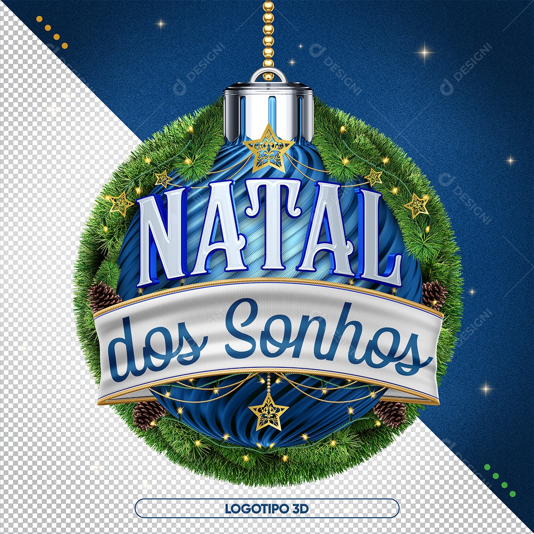 Natal dos Sonhos Selo 3D Azul e Branco para Composição PSD