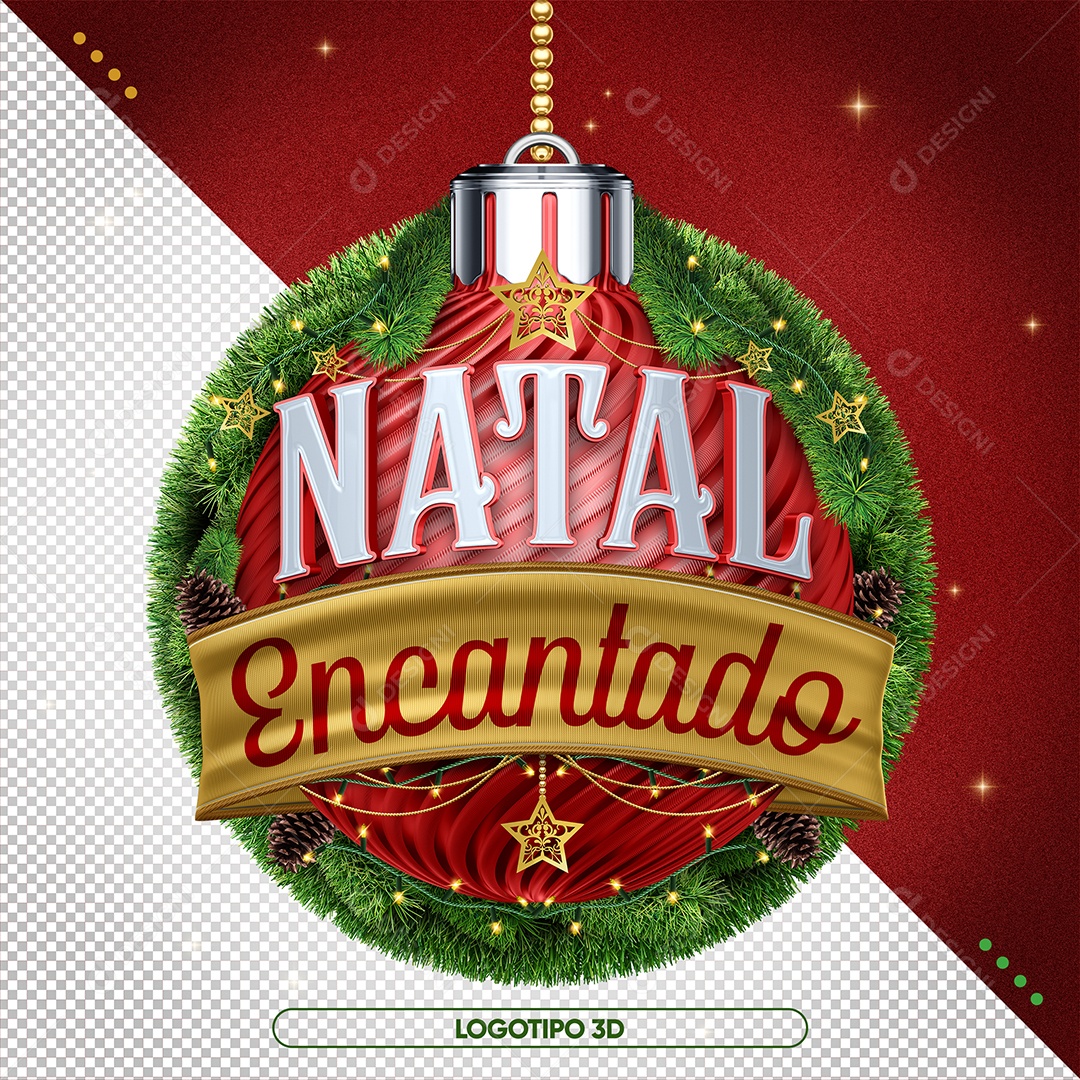 Natal Encantado Selo 3D Vermelho Branco e Dourado para Composição PSD