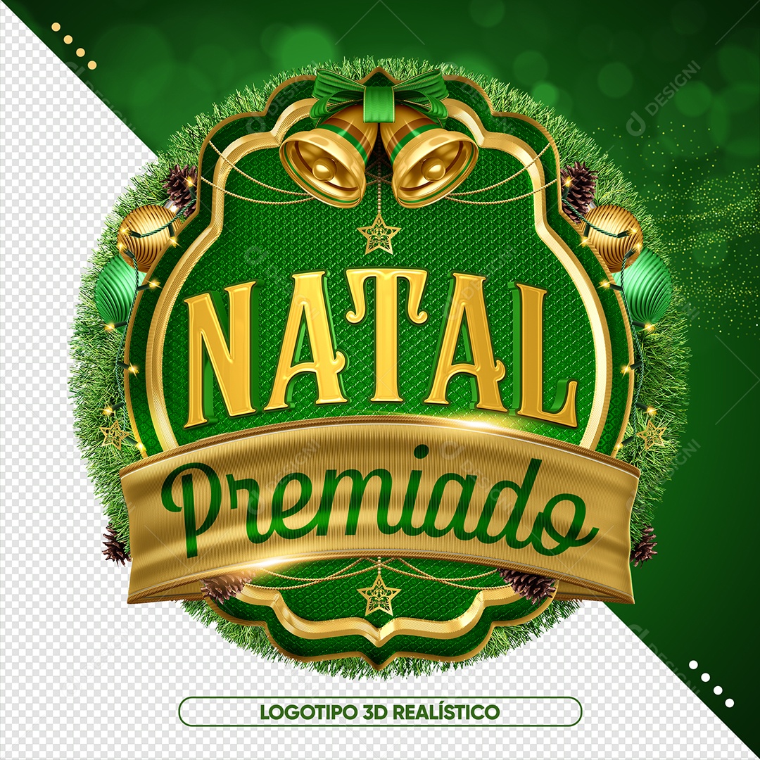 Natal Premiado Selo 3D Verde Amarelo e Dourado para Composição PSD