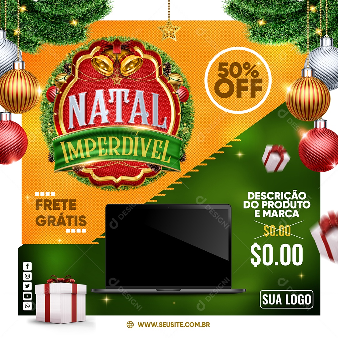Loja de Eletrônicos Natal Imperdível Notebook 50% Off Frete Grátis Social Media PSD Editável