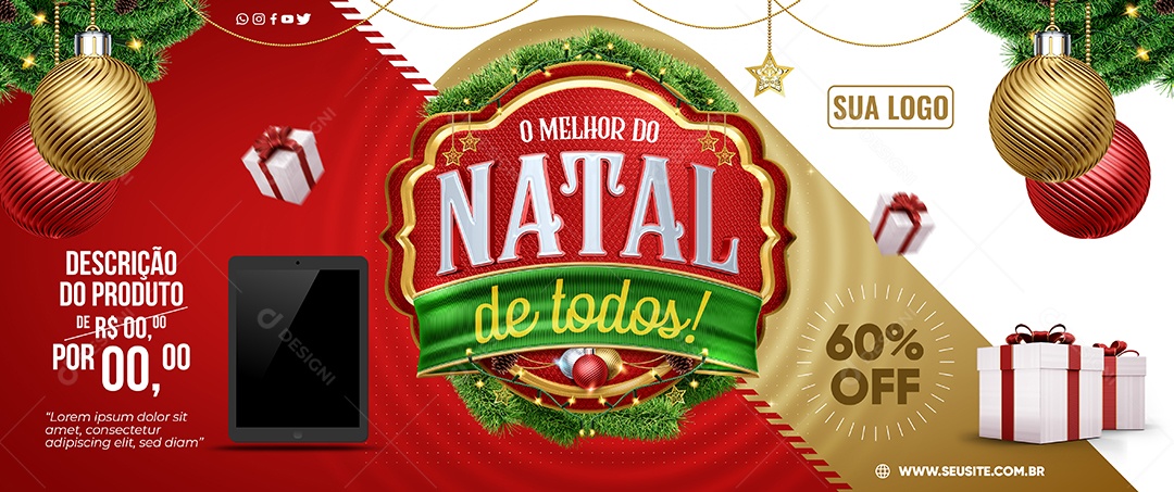 Banner Loja de Eletrônicos O Melhor Do Natal de Todos Tablete 60% Off Social Media PSD Editável