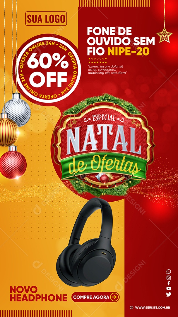 Story Loja de Eletrônicos Especial Natal de Ofertas Fone De Ouvido Sem Fio 60% Off Social Media PSD Editável
