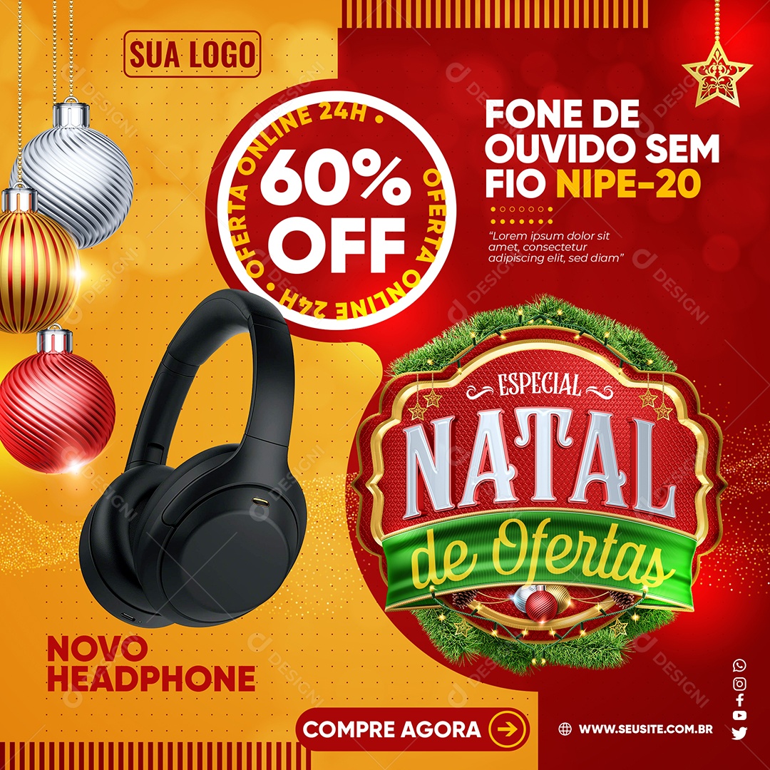 Loja de Eletrônicos Especial Natal de Ofertas Fone De Ouvido Sem Fio 60% Off Social Media PSD Editável