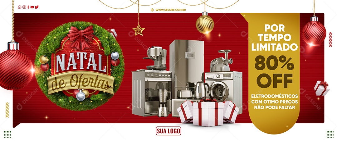 Banner Loja De Eletrodomésticos Natal de Ofertas por Tempo Limitado 80% Off Social Media PSD Editável