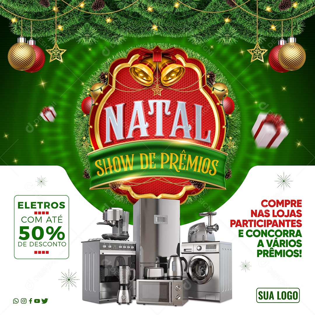 Loja De Eletrodomésticos Natal Show De Prêmios Eletros com Até 50% de Desconto Social Media PSD Editável