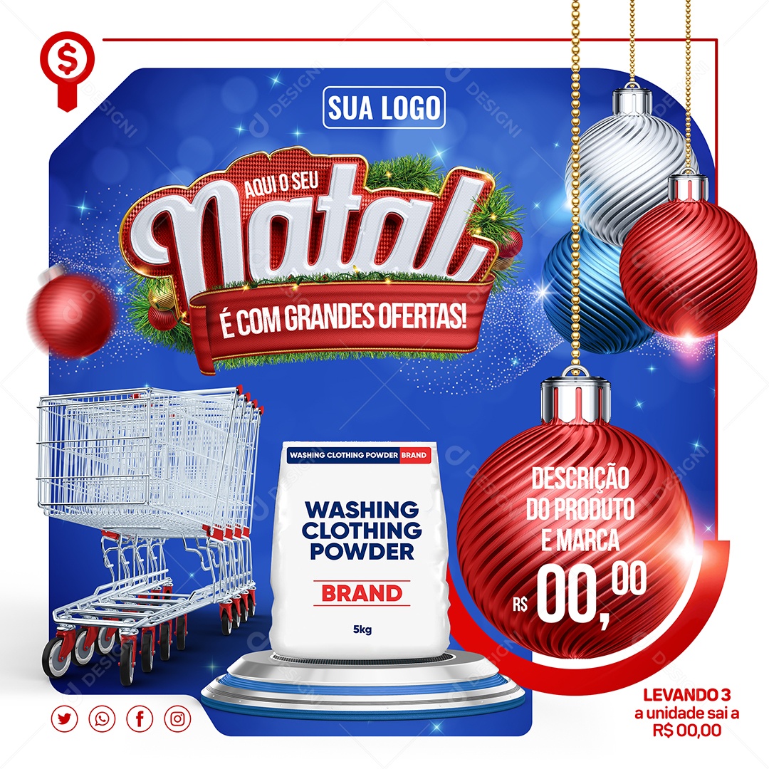 Supermercado Aqui seu Natal é com Grandes Ofertas Produtos Compras Social Media PSD Editável