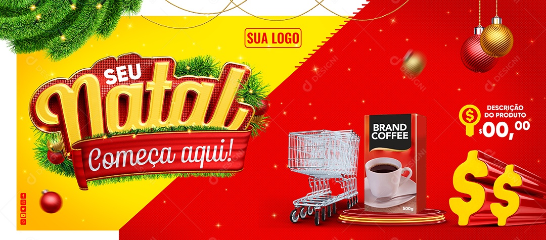 Banner Social Media Supermercado Seu Natal Começa Aqui Pacote de Café e Carrinho de Compra PSD Editável