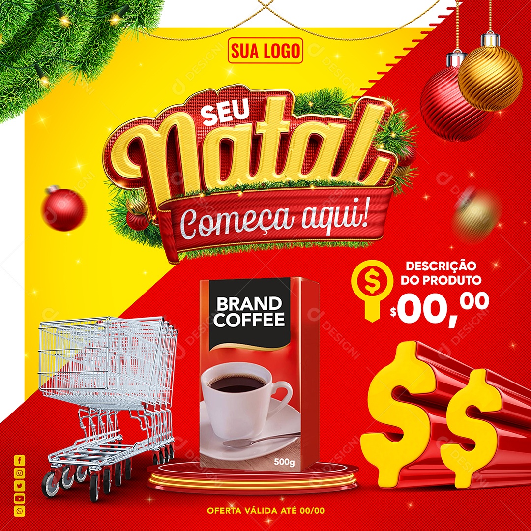 Social Media Supermercado Seu Natal Começa Aqui Pacote de Café e Carrinho de Compra PSD Editável