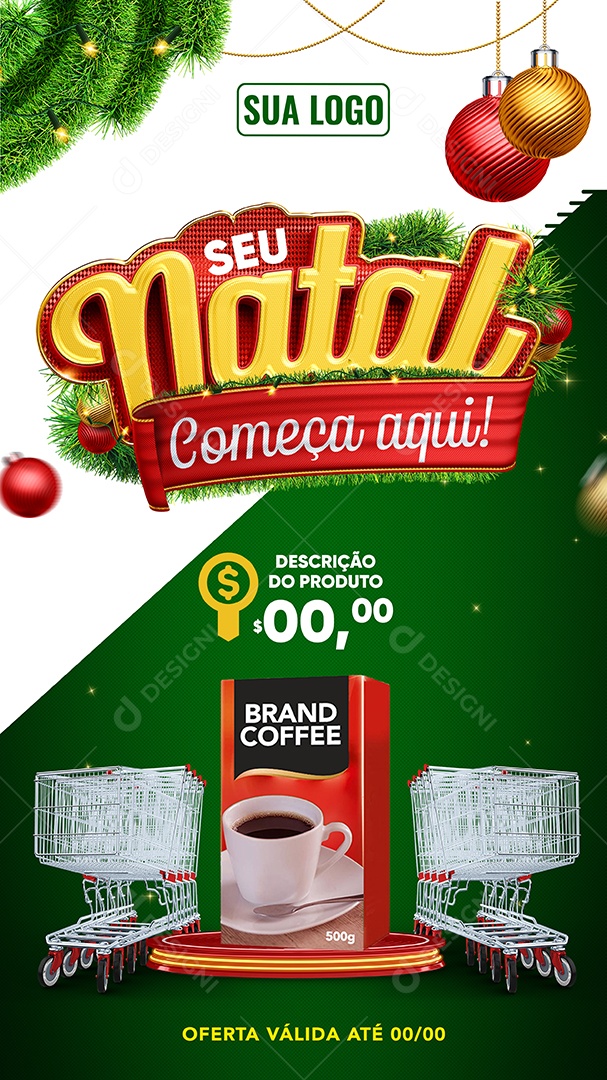 Story Supermercado Seu Natal Começa Aqui Pacote de Café e Carrinho de Compra Social Media PSD Editável