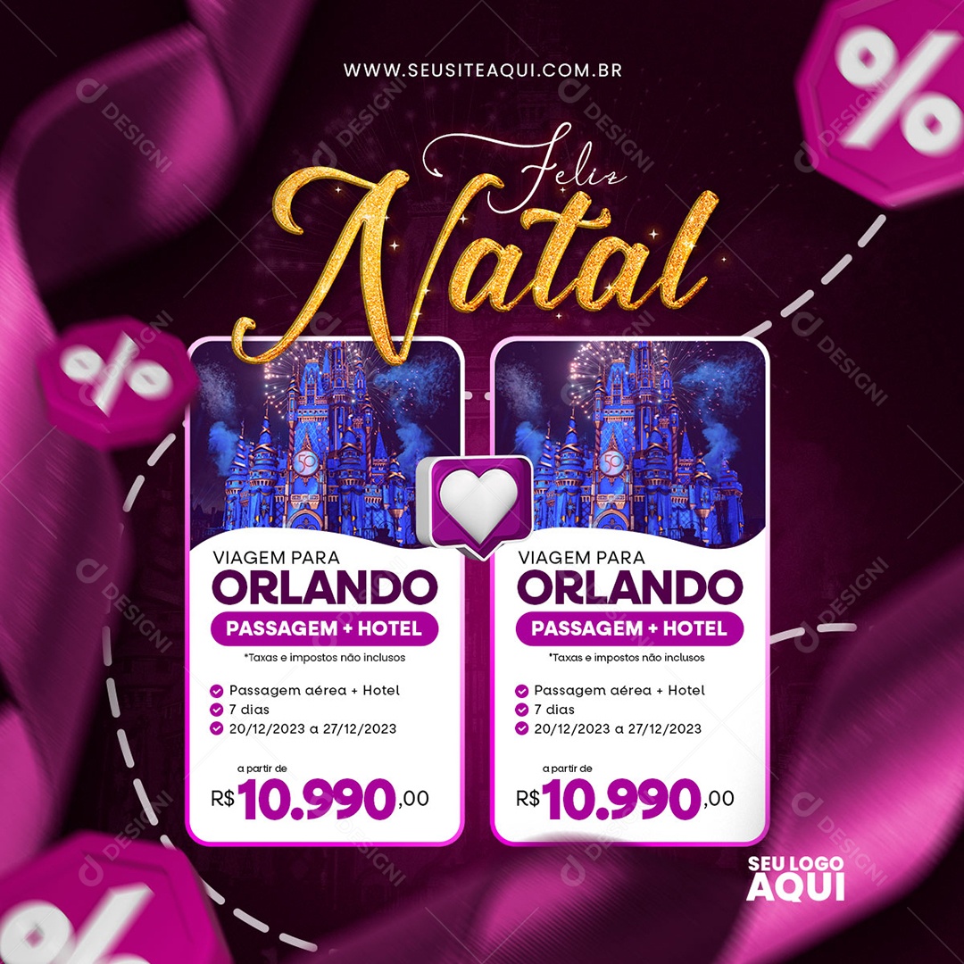 Feliz Natal Viagem para Orlando Passagem mais Hotel Social Media PSD Editável
