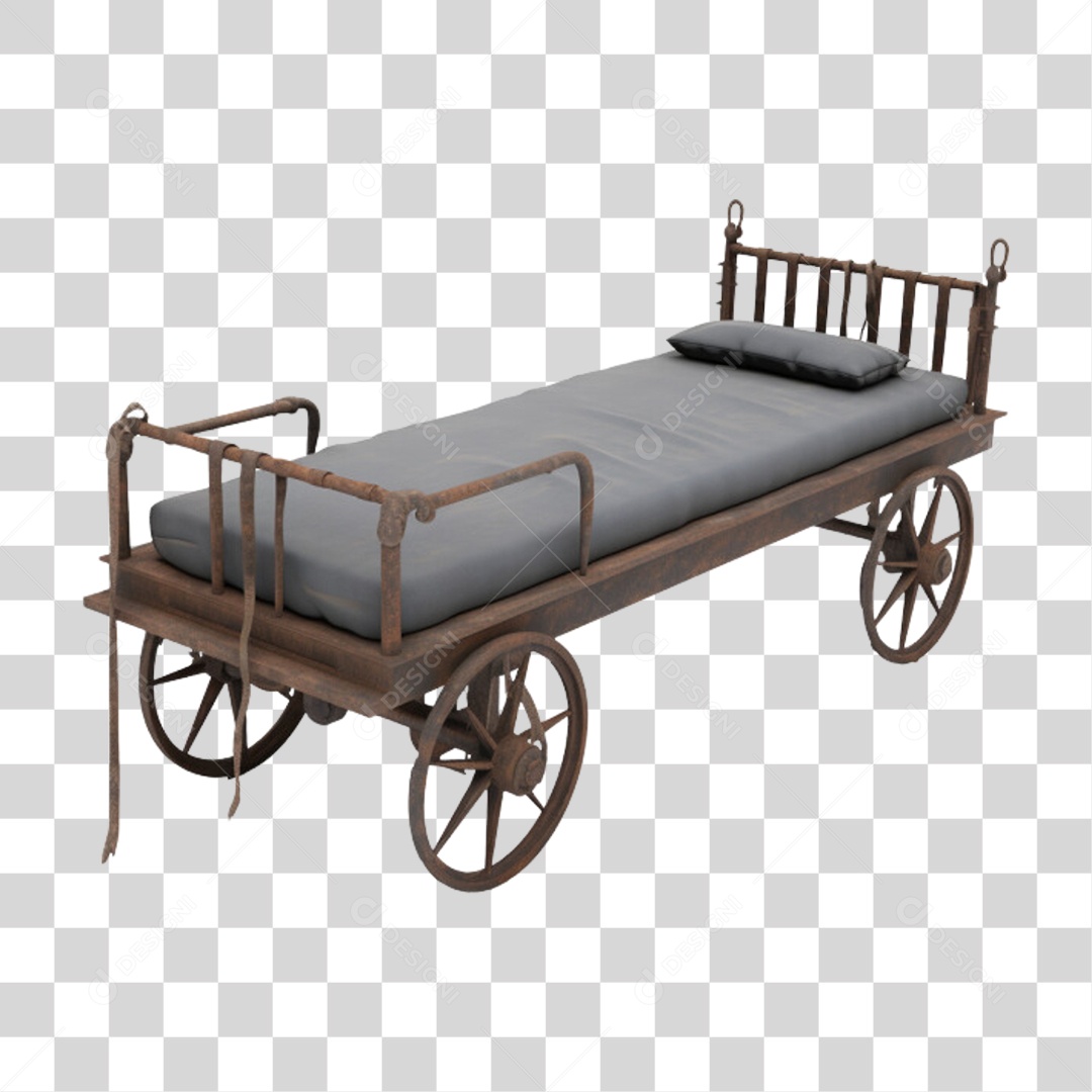 Cama Antiga com Rodas de Metal PNG Transparente