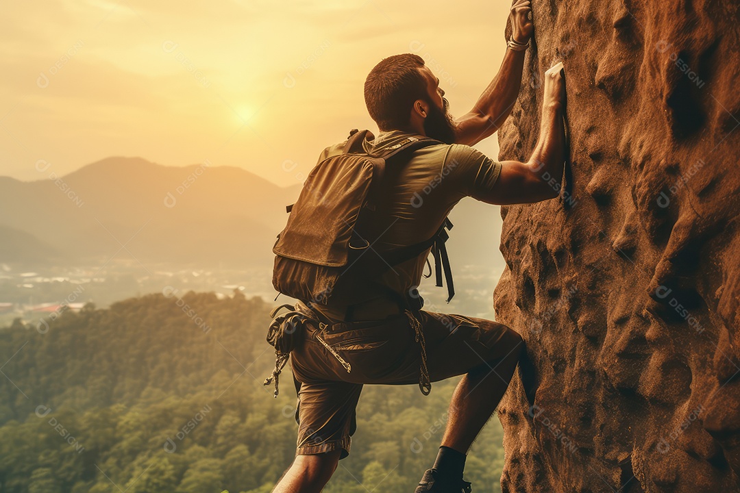 Homem atleta de escalada esportiva, boulder e rapel na parede de pedra e rocha ao nascer do sol