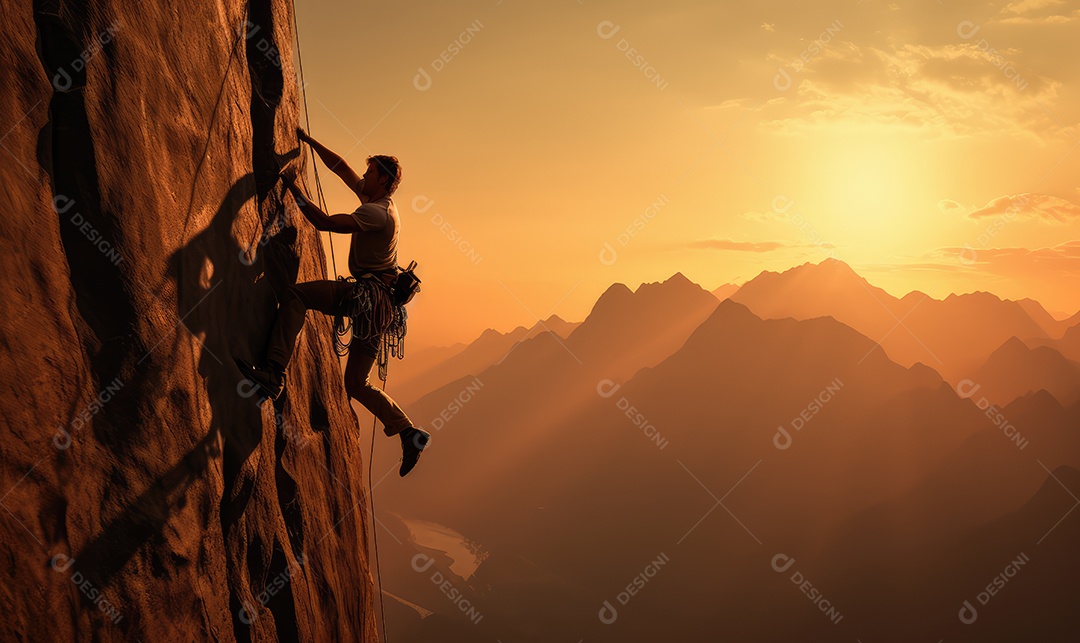 Homem atleta de escalada esportiva, boulder e rapel na parede de pedra e rocha ao nascer do sol
