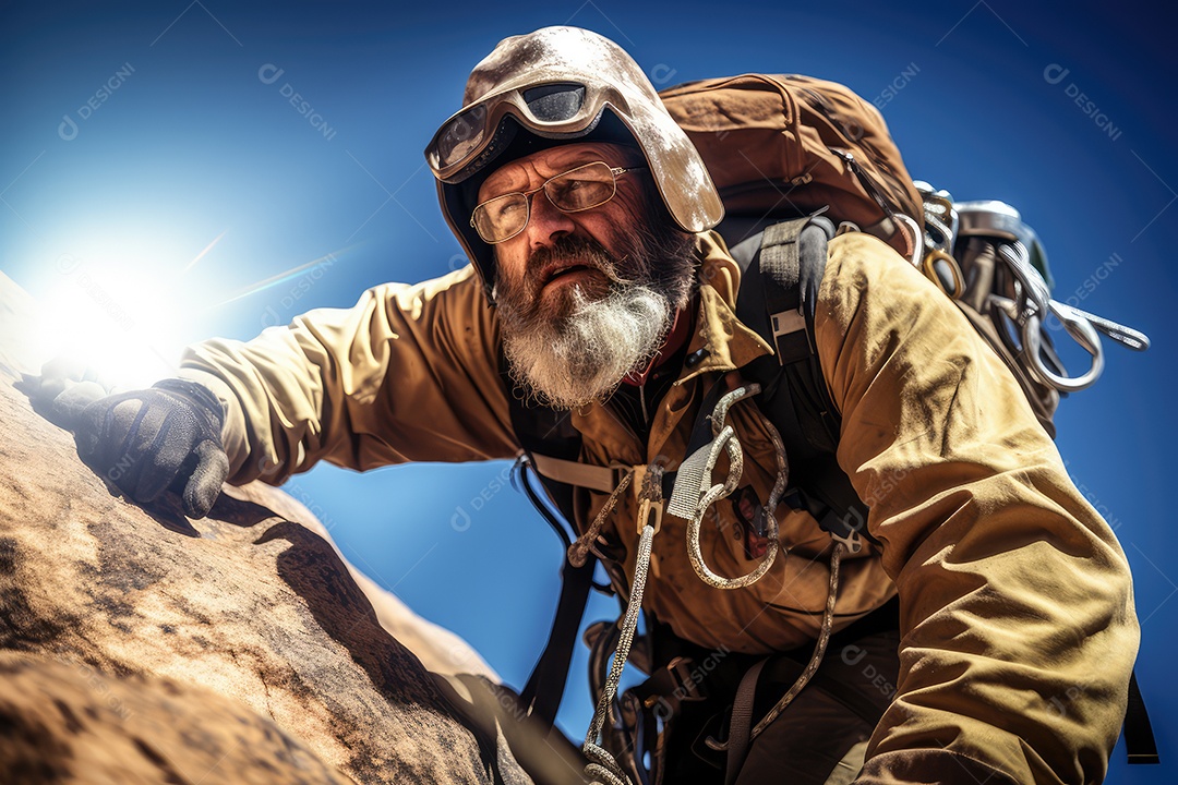 Homem atleta de escalada esportiva, boulder e rapel na parede de pedra e rocha ao nascer do sol