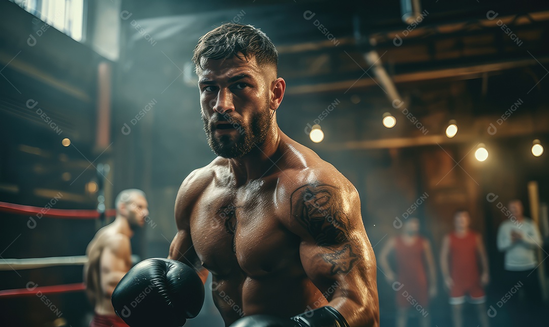 Homem atleta de boxe se exercitando no ringue com cara feia e arranhando a câmera