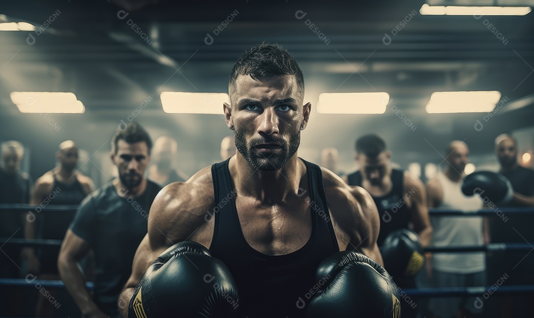 Homem atleta de boxe se exercitando no ringue com cara feia e arranhando a câmera