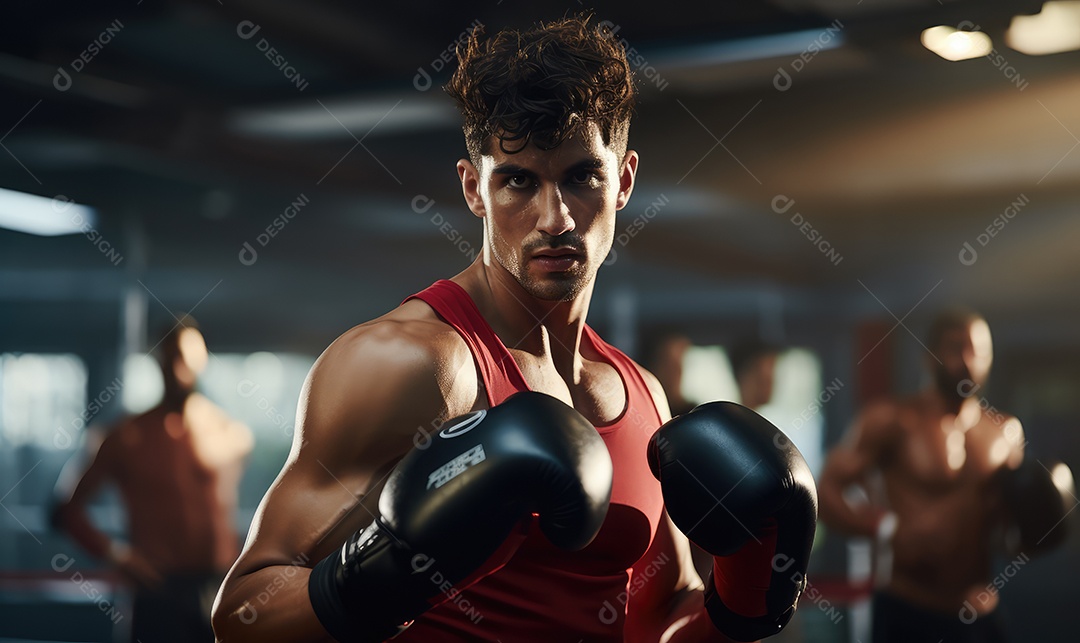 Homem atleta de boxe se exercitando no ringue com cara feia e arranhando a câmera