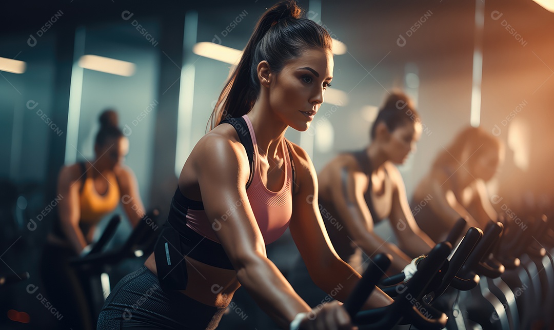 Aula de ginástica em grupo em uma academia com bicicleta
