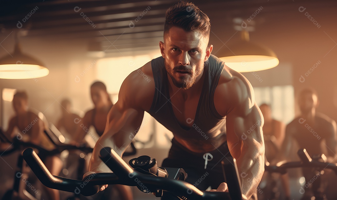 Aula de ginástica em grupo em uma academia com bicicleta