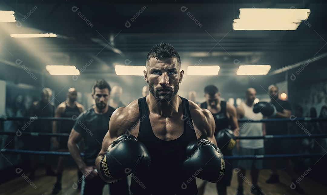 Homem atleta de boxe se exercitando no ringue com cara feia e arranhando a câmera