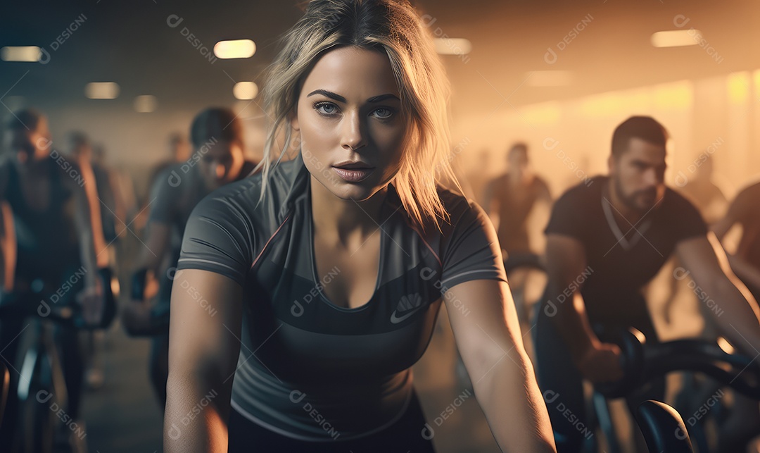 Aula de ginástica em grupo em uma academia com bicicleta