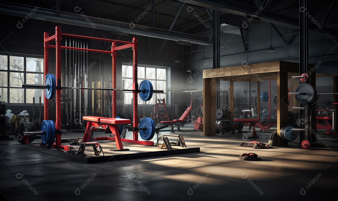 Academia e academia de musculação com equipamentos, barras, pesos e halteres