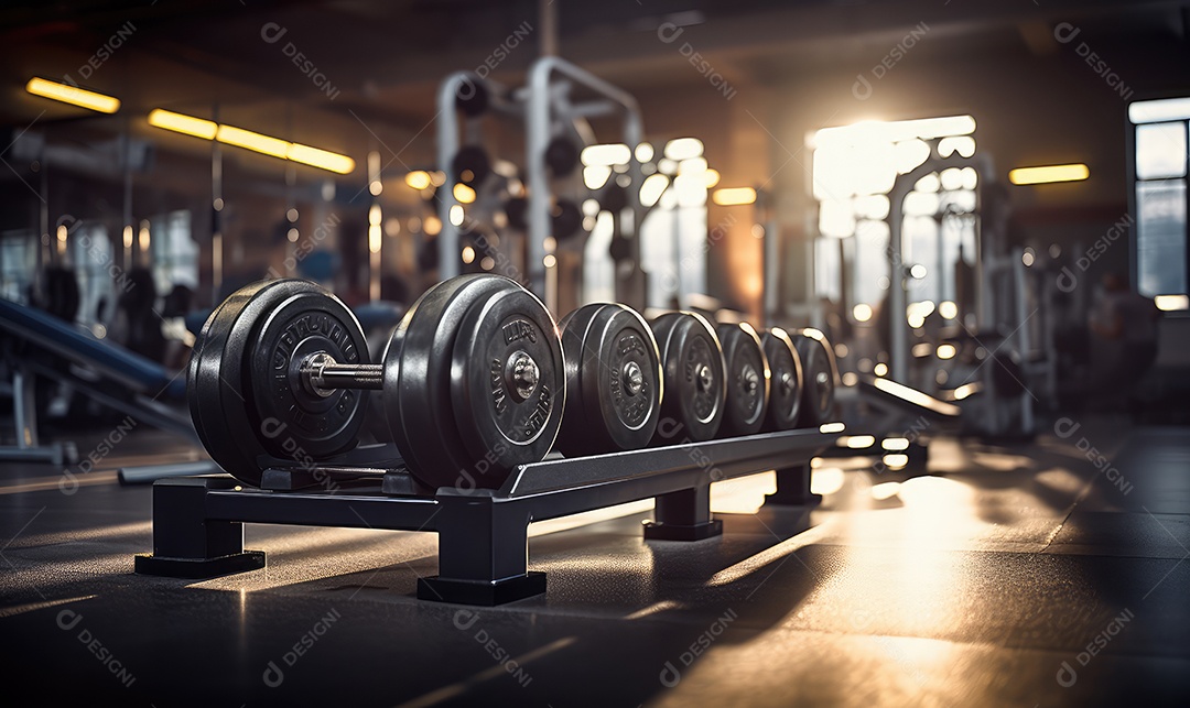 Academia e academia de musculação com equipamentos, barras, pesos e halteres