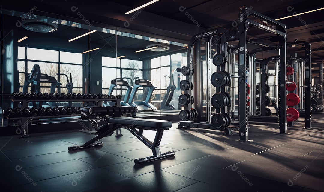 Academia e academia de musculação com equipamentos, barras, pesos e halteres