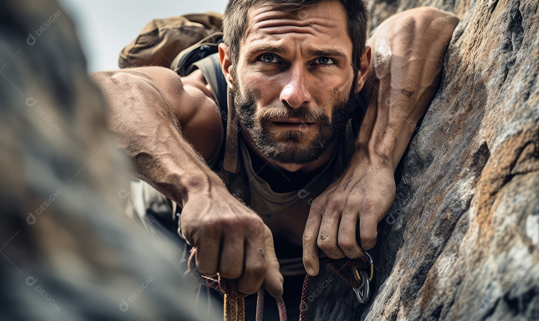 Homem atleta de escalada esportiva, boulder e rapel na parede de pedra e rocha ao nascer do sol