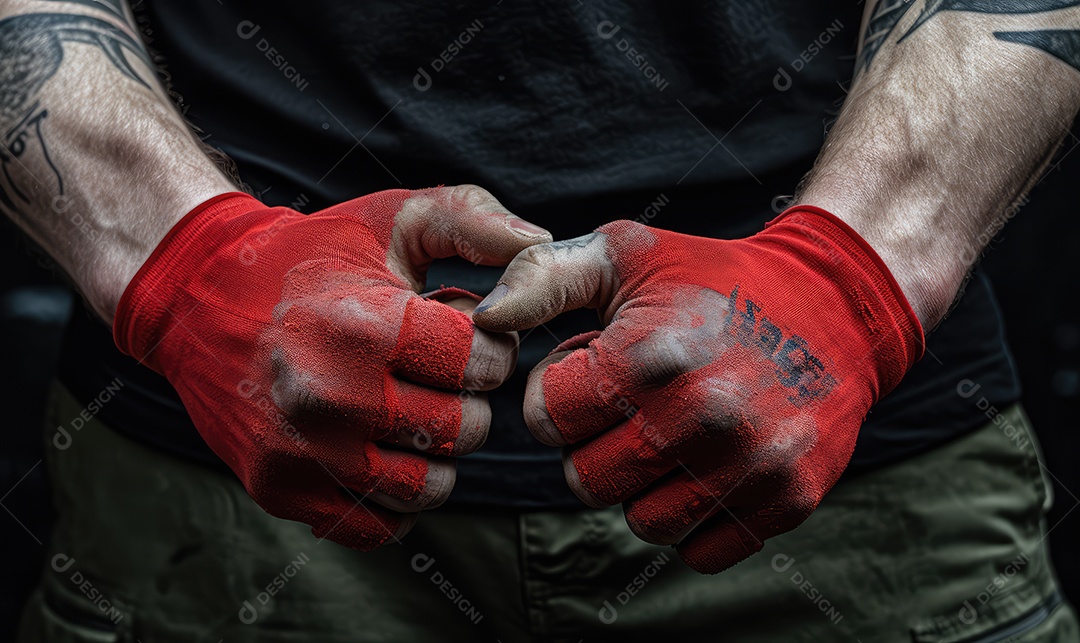 Mão de atleta de escalada esportiva, boulder e rapel em parede de pedra e rocha