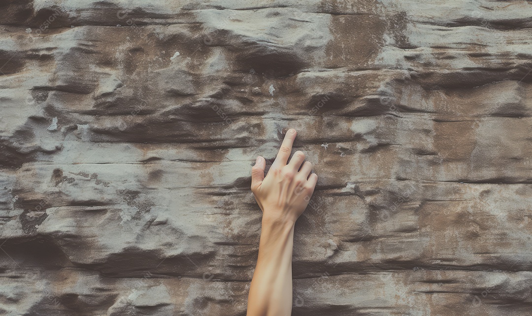 Mão de atleta de escalada esportiva, boulder e rapel em parede de pedra e rocha