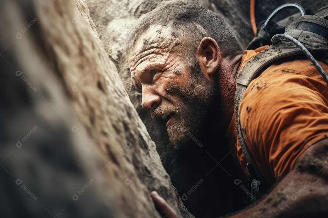 Homem atleta de escalada esportiva, boulder e rapel em parede de pedra e rocha