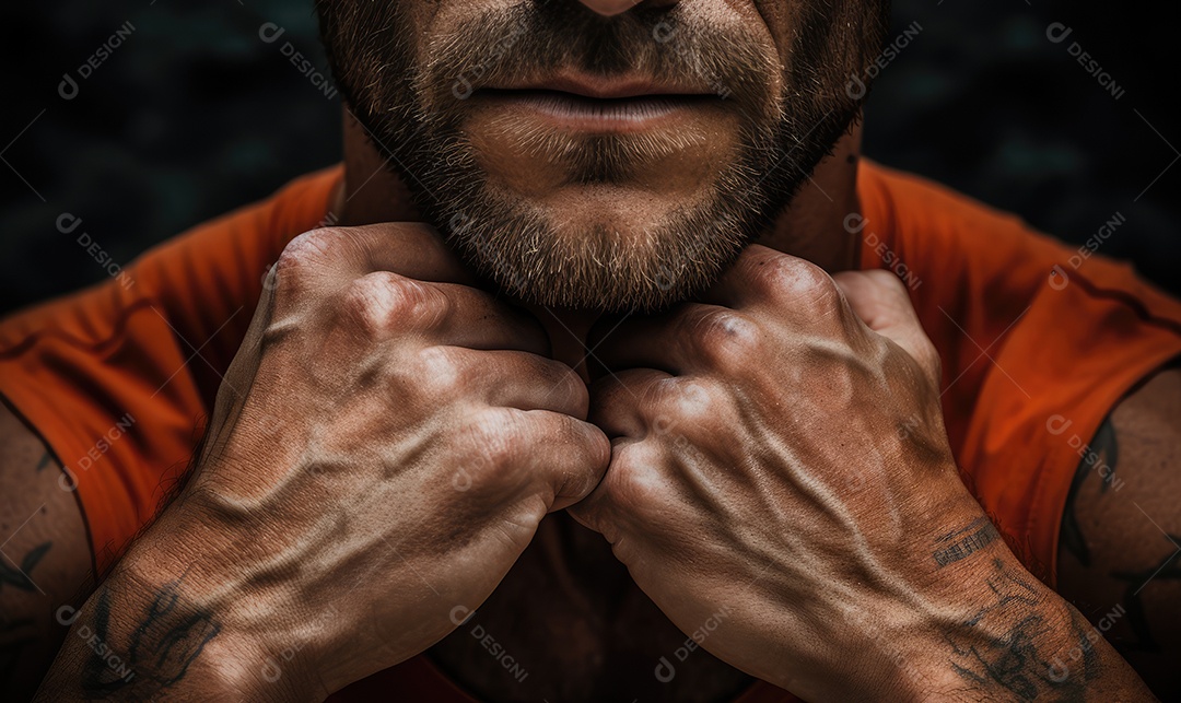 Mão de atleta de escalada esportiva, boulder e rapel em parede de pedra e rocha