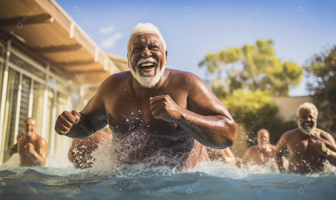 Homens e mulheres mais velhos e maduros fazendo hidroginástica e musculação na piscina de uma academia