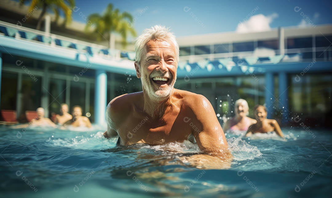 Homens e mulheres mais velhos e maduros fazendo hidroginástica e musculação na piscina de uma academia