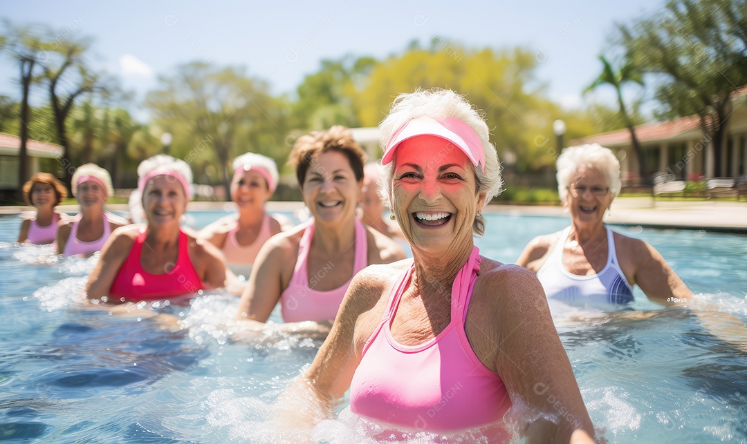 Homens e mulheres mais velhos e maduros fazendo hidroginástica e musculação na piscina de uma academia