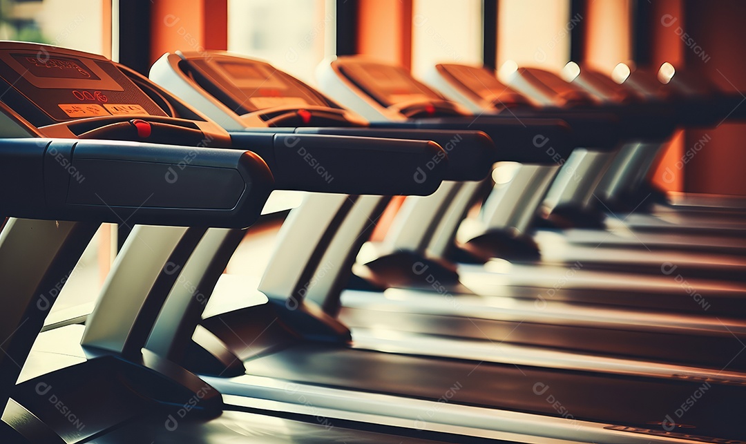 Academia e academia de musculação com equipamentos, barras, pesos e halteres