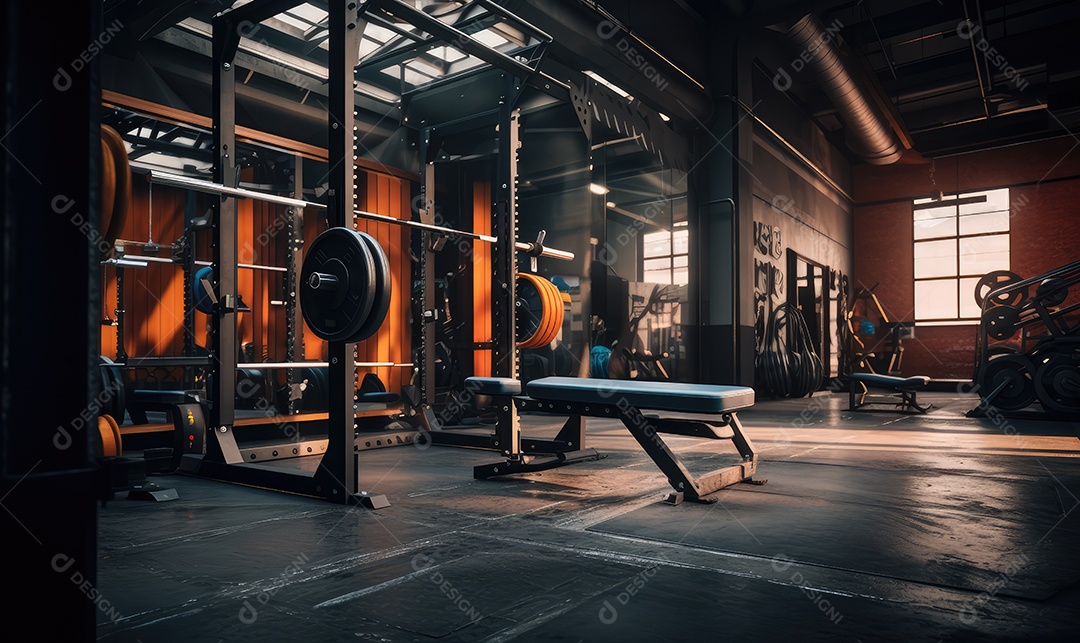 Academia e academia de musculação com equipamentos, barras, pesos e halteres