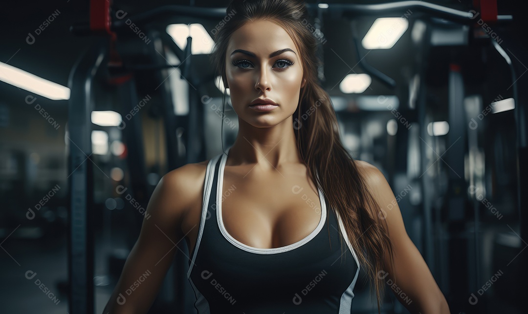 Mulher atleta de musculação na academia fazendo exercícios com peso