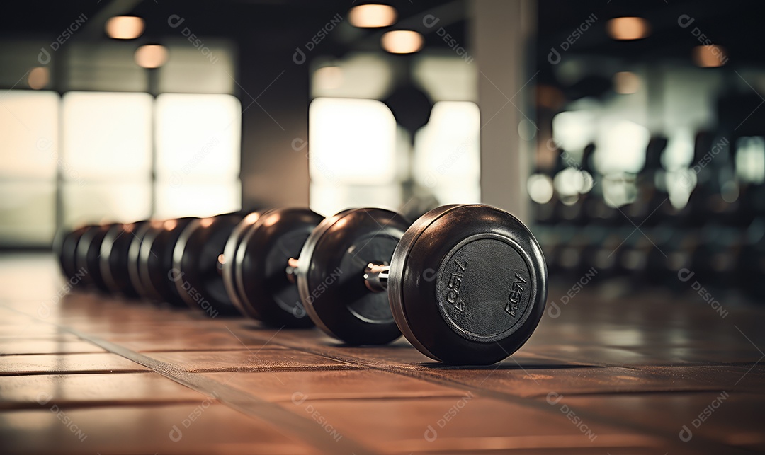 Academia e academia de musculação com equipamentos, barras, pesos e halteres