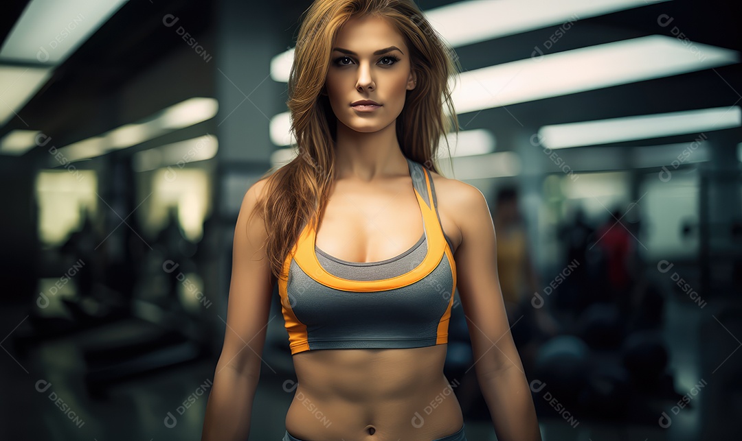 Mulher atleta de musculação na academia fazendo exercícios com pesos