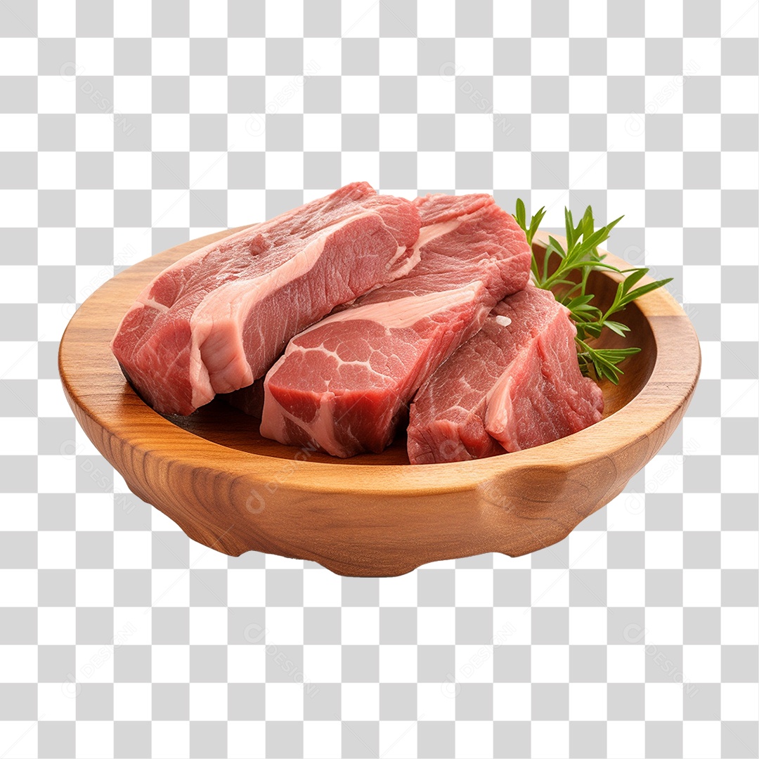 Pedaços de Carnes Cortadas em Vasilha de Madeira PNG Transparente