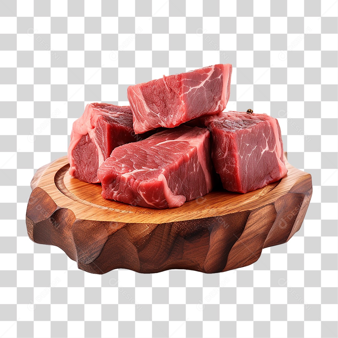 Pedaços de Carnes Cortadas em Vasilha de Madeira PNG Transparente