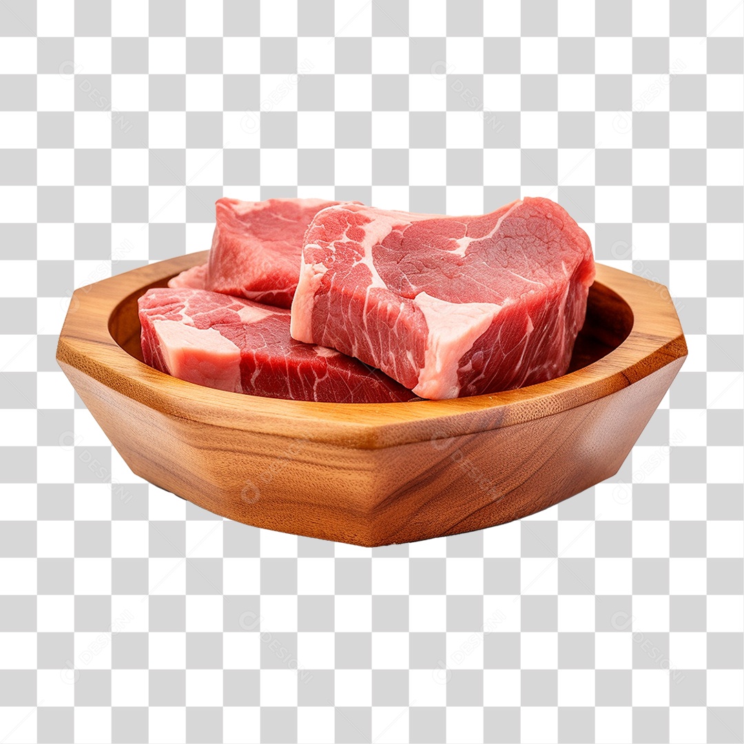 Pedaços de Carnes Cortadas em Vasilha de Madeira PNG Transparente